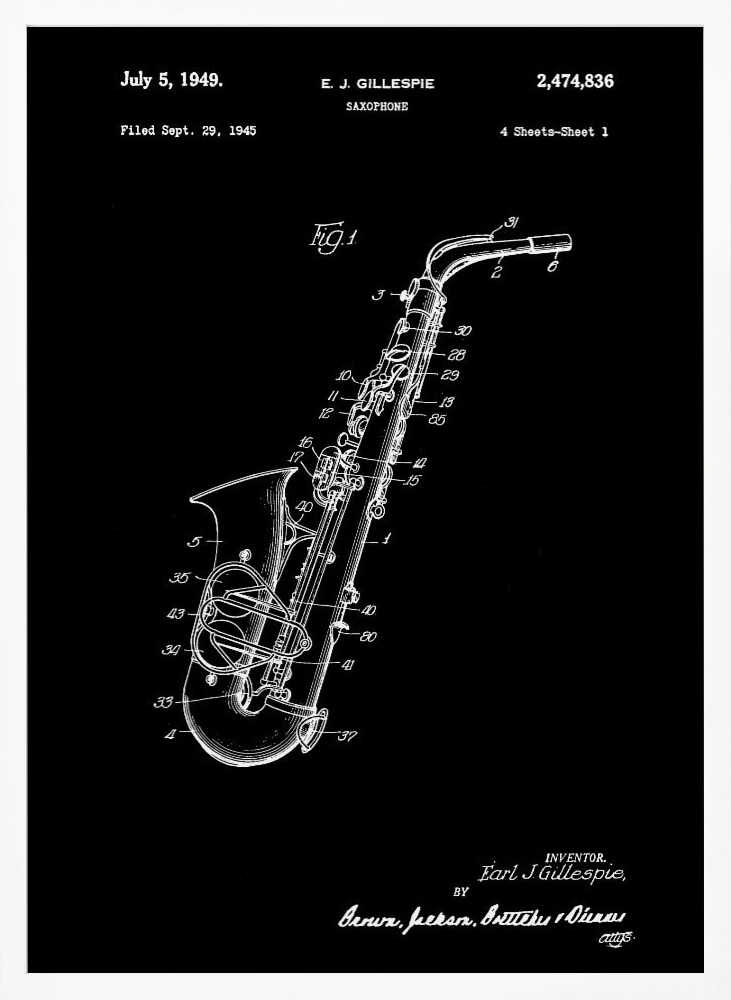 Saxophone Patent 1945 - Poster / Art Print