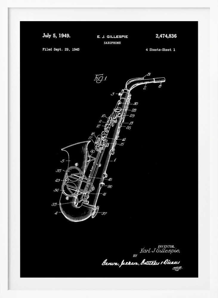 Saxophone Patent 1945 - Poster / Art Print