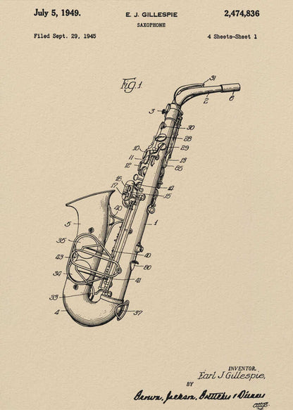 Saxophone Patent 1945 - Poster / Art Print