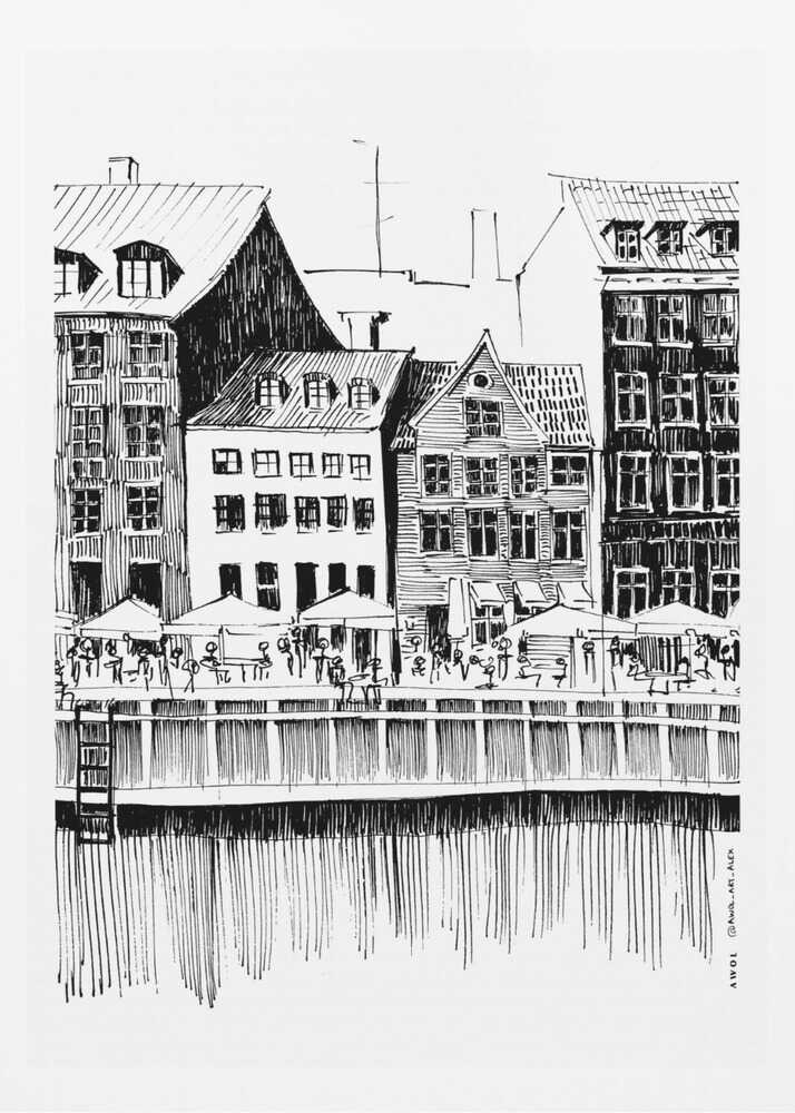 Nyhavn Canal: Copenhagen, Denmark City Drawing - Poster / Art Print