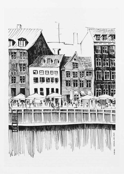 Nyhavn Canal: Copenhagen, Denmark City Drawing - Poster / Art Print