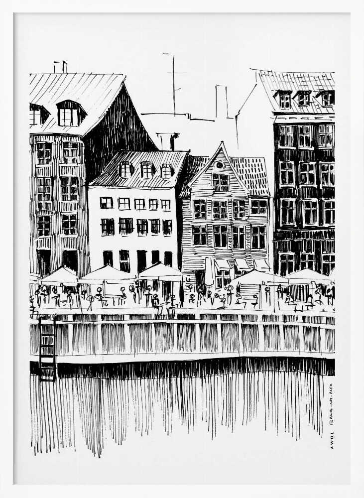 Nyhavn Canal: Copenhagen, Denmark City Drawing - Poster / Art Print