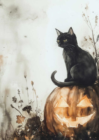 Black Cat and Pumpkin Halloween Scene (2) - Poster / Art Print