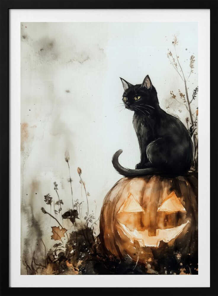 Black Cat and Pumpkin Halloween Scene (2) - Poster / Art Print
