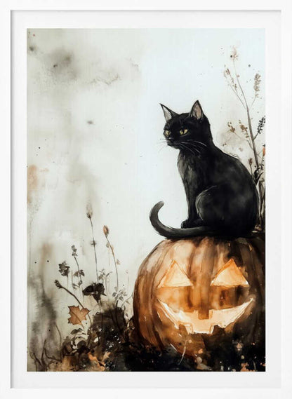 Black Cat and Pumpkin Halloween Scene (2) - Poster / Art Print