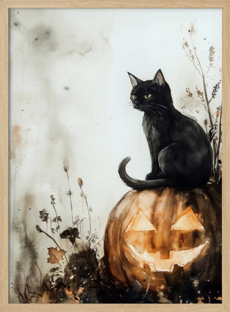 Black Cat and Pumpkin Halloween Scene (2) - Poster / Art Print