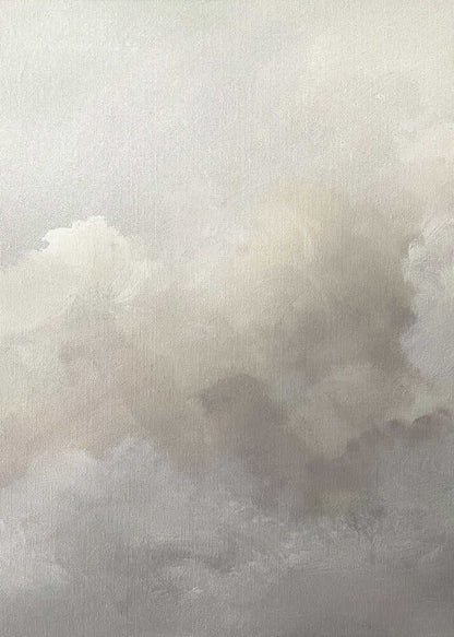 Abstract painting of moody, soft clouds in neutral beige and grey tones.