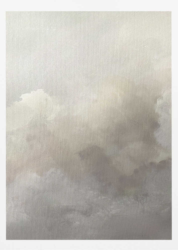 Abstract painting of moody, soft clouds in neutral beige and grey tones.