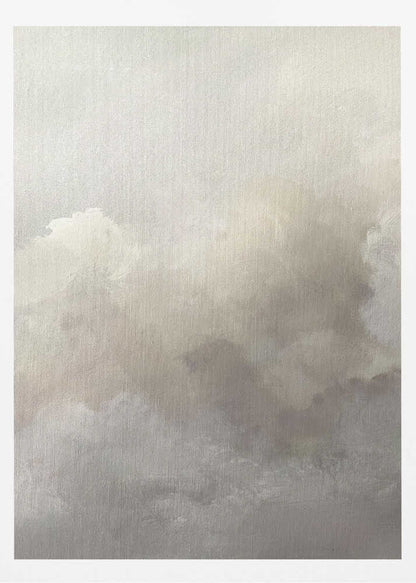 Abstract painting of moody, soft clouds in neutral beige and grey tones.
