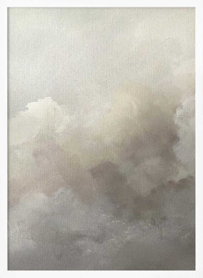 Abstract painting of moody, soft clouds in neutral beige and grey tones.
