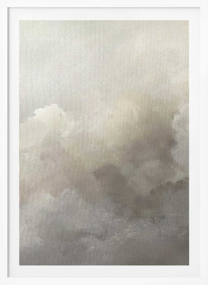Abstract painting of moody, soft clouds in neutral beige and grey tones.