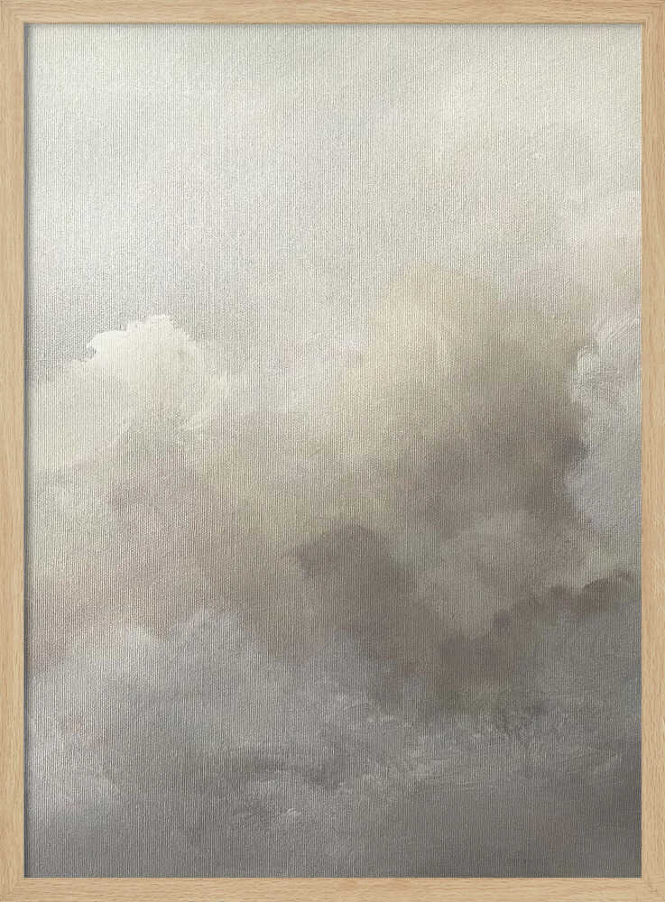 Abstract painting of moody, soft clouds in neutral beige and grey tones.