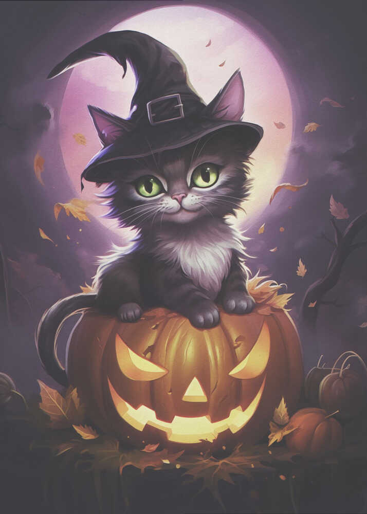 Cute Kitten On a Pumpkin - Poster / Art Print