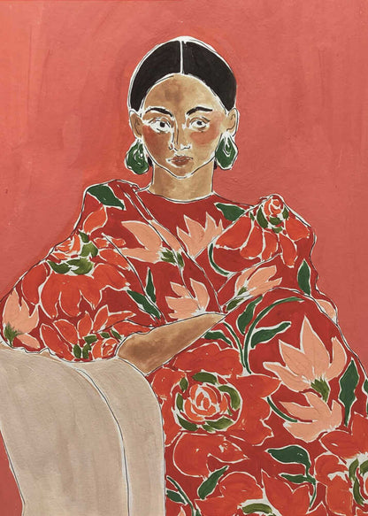 Modern portrait painting of a woman in a red floral dress with green earrings against a bold red background.
