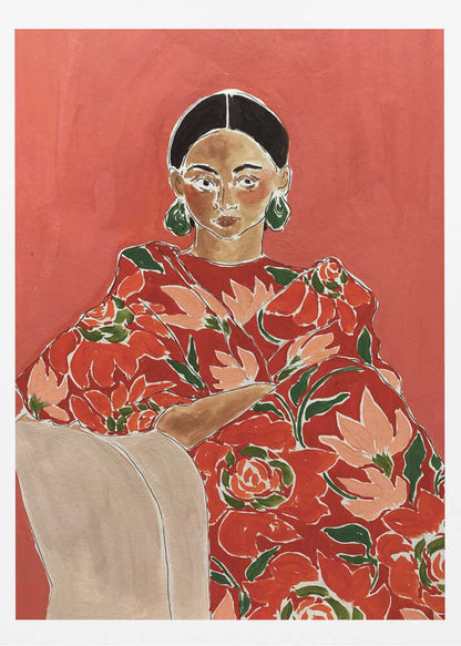 Modern portrait painting of a woman in a red floral dress with green earrings against a bold red background.