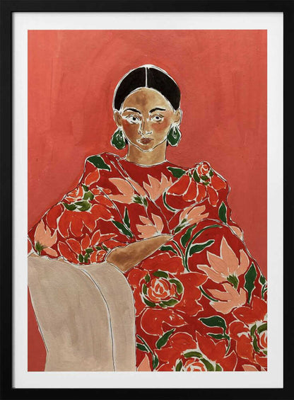 Modern portrait painting of a woman in a red floral dress with green earrings against a bold red background.