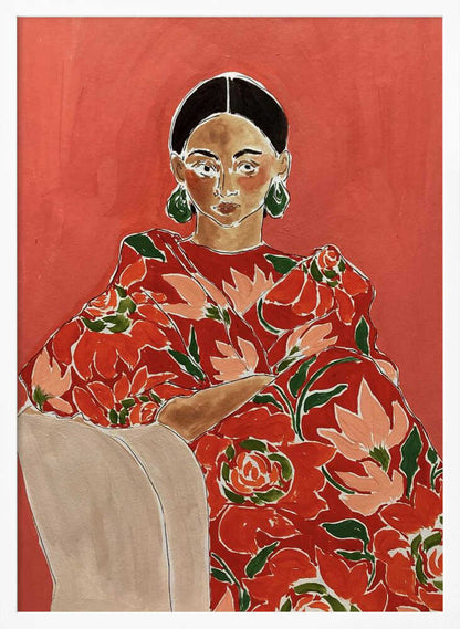 Modern portrait painting of a woman in a red floral dress with green earrings against a bold red background.