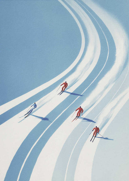 Vintage style poster of four skiers racing down a curving snowy mountain slope.