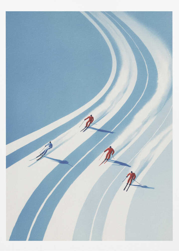 Vintage style poster of four skiers racing down a curving snowy mountain slope.