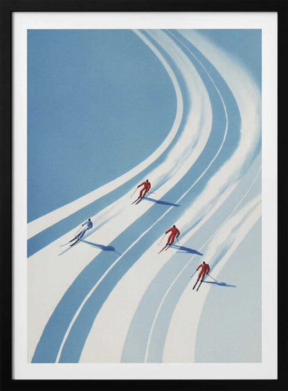Vintage style poster of four skiers racing down a curving snowy mountain slope.