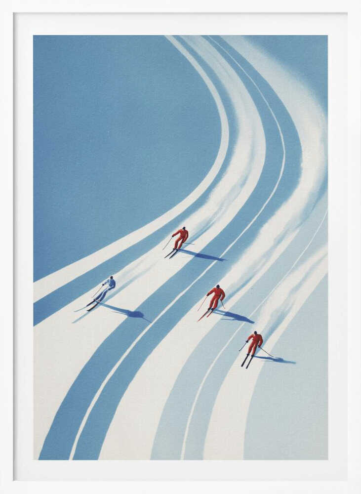 Vintage style poster of four skiers racing down a curving snowy mountain slope.