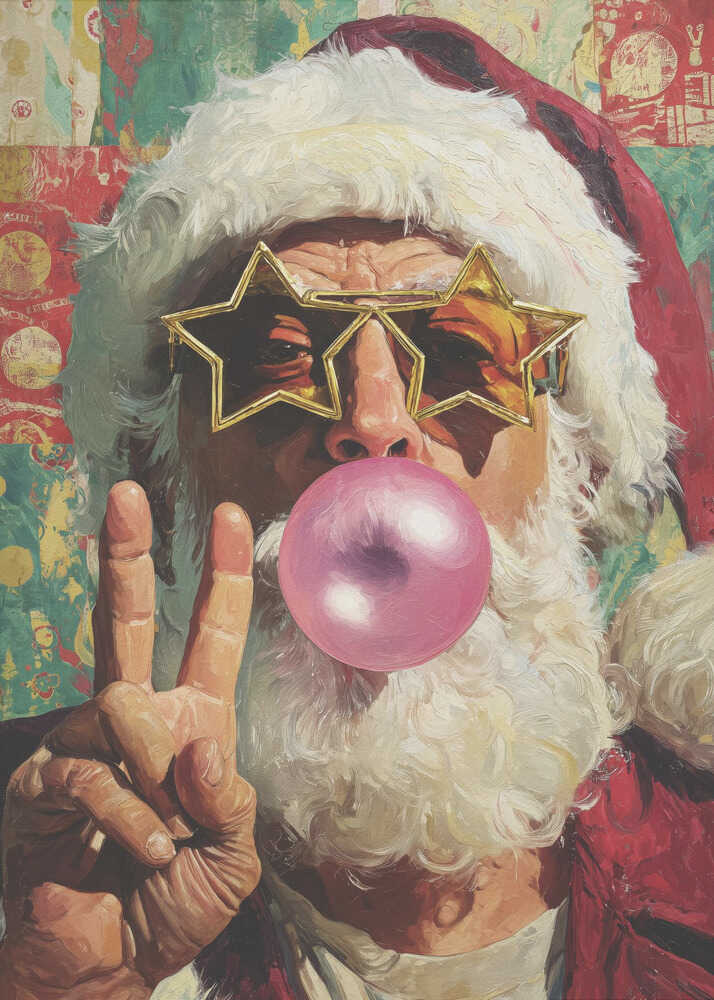 A close-up pop art style painting of Santa Claus wearing large, gold star-shaped sunglasses. He is blowing a big pink bubble with bubblegum and holding up his hand in a peace sign. The background is a colorful, patterned collage. Artwork