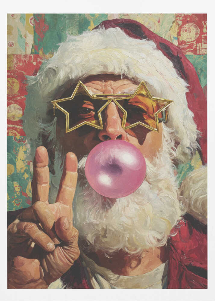 A close-up pop art style painting of Santa Claus wearing large, gold star-shaped sunglasses. He is blowing a big pink bubble with bubblegum and holding up his hand in a peace sign. The background is a colorful, patterned collage. Artwork