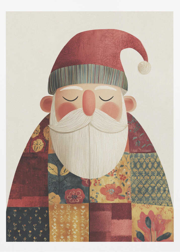 A stylized illustration of a serene Santa Claus with his eyes closed. He wears a textured red hat with a pom-pom and a colorful patchwork coat made of different floral and geometric patterns, all set against a light cream background. Print