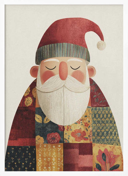 A stylized illustration of a serene Santa Claus with his eyes closed. He wears a textured red hat with a pom-pom and a colorful patchwork coat made of different floral and geometric patterns, all set against a light cream background. Print
