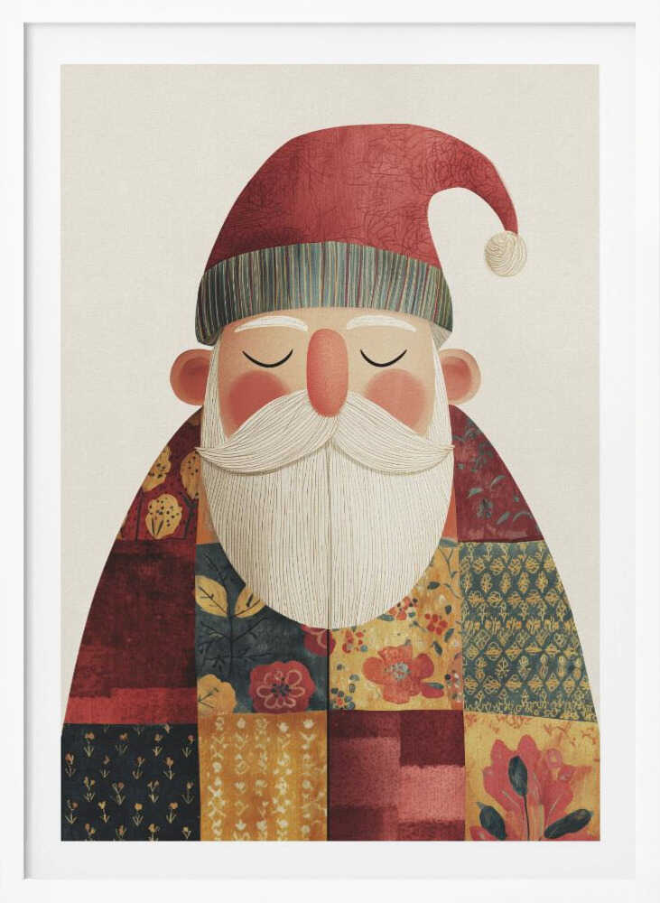 A stylized illustration of a serene Santa Claus with his eyes closed. He wears a textured red hat with a pom-pom and a colorful patchwork coat made of different floral and geometric patterns, all set against a light cream background. Print