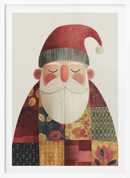A stylized illustration of a serene Santa Claus with his eyes closed. He wears a textured red hat with a pom-pom and a colorful patchwork coat made of different floral and geometric patterns, all set against a light cream background. Print