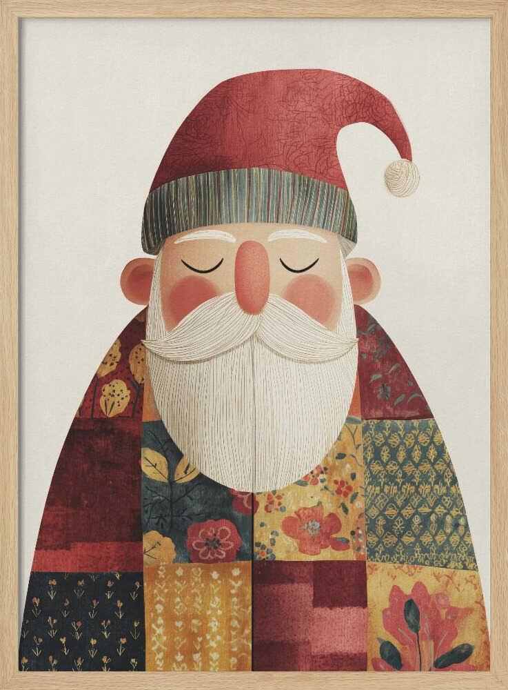 A stylized illustration of a serene Santa Claus with his eyes closed. He wears a textured red hat with a pom-pom and a colorful patchwork coat made of different floral and geometric patterns, all set against a light cream background. Print