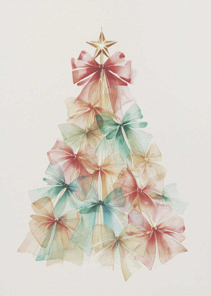 A watercolor illustration of a Christmas tree made entirely of colorful, translucent bows. The bows are in soft shades of red, green, and yellow, and are layered to create the tree's conical shape. A gold star sits on top. The background is a solid off-white, and the artwork is presented in a simple black frame. Print