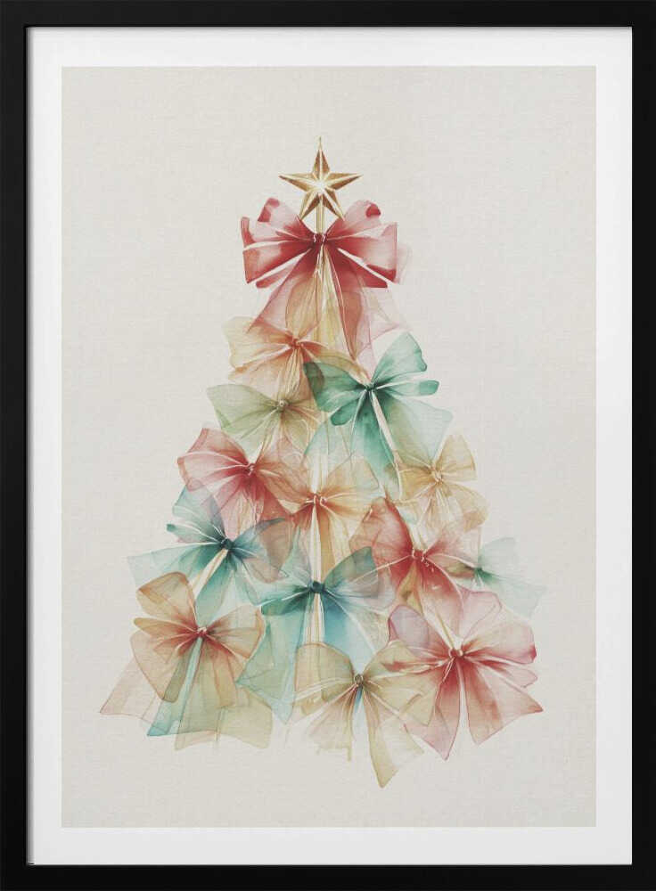A watercolor illustration of a Christmas tree made entirely of colorful, translucent bows. The bows are in soft shades of red, green, and yellow, and are layered to create the tree's conical shape. A gold star sits on top. The background is a solid off-white, and the artwork is presented in a simple black frame. Print