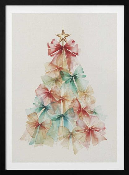 A watercolor illustration of a Christmas tree made entirely of colorful, translucent bows. The bows are in soft shades of red, green, and yellow, and are layered to create the tree's conical shape. A gold star sits on top. The background is a solid off-white, and the artwork is presented in a simple black frame. Print