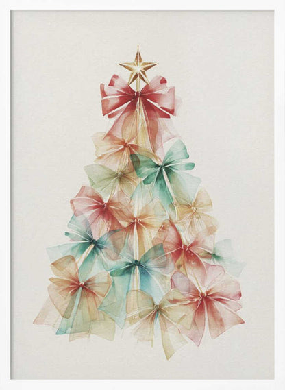 A watercolor illustration of a Christmas tree made entirely of colorful, translucent bows. The bows are in soft shades of red, green, and yellow, and are layered to create the tree's conical shape. A gold star sits on top. The background is a solid off-white, and the artwork is presented in a simple black frame. Print
