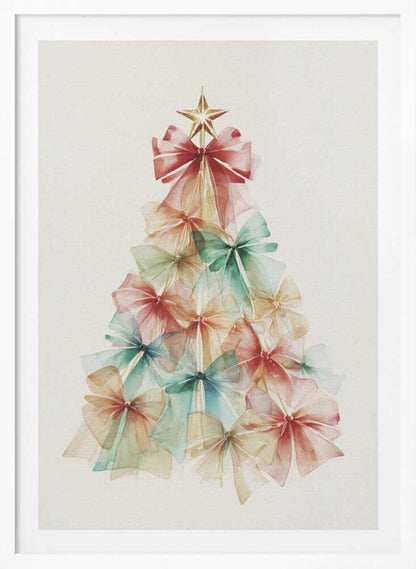A watercolor illustration of a Christmas tree made entirely of colorful, translucent bows. The bows are in soft shades of red, green, and yellow, and are layered to create the tree's conical shape. A gold star sits on top. The background is a solid off-white, and the artwork is presented in a simple black frame. Print