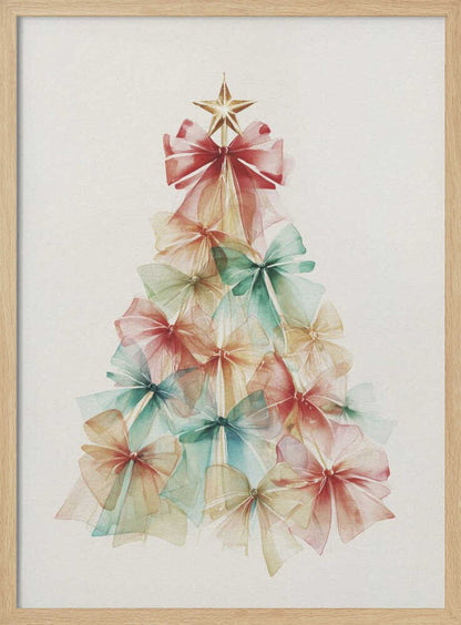 A watercolor illustration of a Christmas tree made entirely of colorful, translucent bows. The bows are in soft shades of red, green, and yellow, and are layered to create the tree's conical shape. A gold star sits on top. The background is a solid off-white, and the artwork is presented in a simple black frame. Print