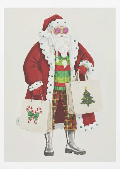 A whimsical illustration of a stylish Santa Claus wearing a red coat, pink sunglasses, a striped sweater, and plaid pants. He is holding two shopping bags decorated with a Christmas tree and candy canes, against a plain off-white background. Decor