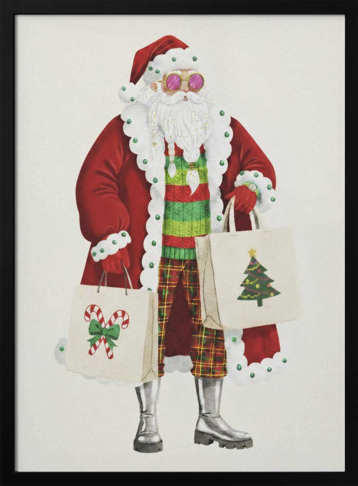 A whimsical illustration of a stylish Santa Claus wearing a red coat, pink sunglasses, a striped sweater, and plaid pants. He is holding two shopping bags decorated with a Christmas tree and candy canes, against a plain off-white background. Decor