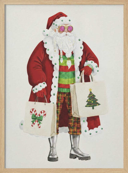 A whimsical illustration of a stylish Santa Claus wearing a red coat, pink sunglasses, a striped sweater, and plaid pants. He is holding two shopping bags decorated with a Christmas tree and candy canes, against a plain off-white background. Decor
