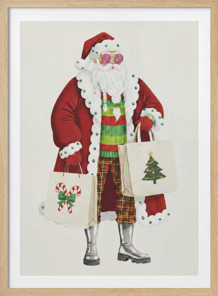 A whimsical illustration of a stylish Santa Claus wearing a red coat, pink sunglasses, a striped sweater, and plaid pants. He is holding two shopping bags decorated with a Christmas tree and candy canes, against a plain off-white background. Decor