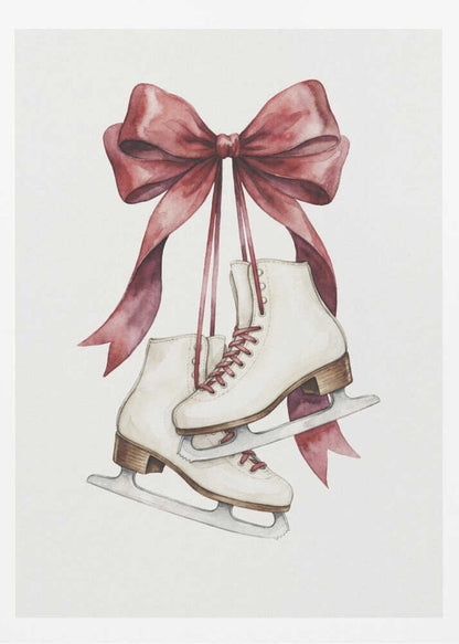 A watercolor painting of a pair of white figure skates with red laces, hanging from a large, elegant red ribbon tied in a bow against a plain white background. Print