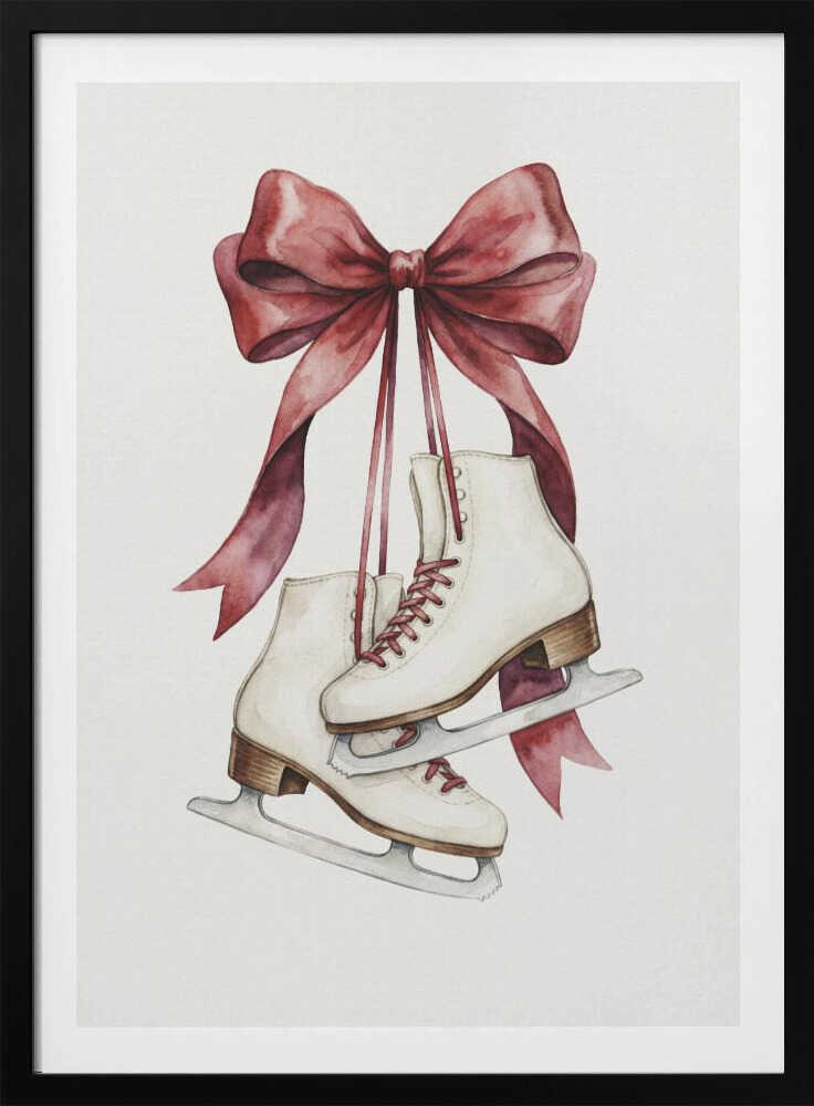 A watercolor painting of a pair of white figure skates with red laces, hanging from a large, elegant red ribbon tied in a bow against a plain white background. Print