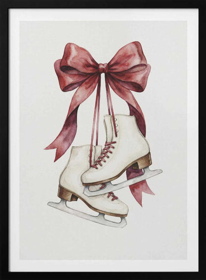 A watercolor painting of a pair of white figure skates with red laces, hanging from a large, elegant red ribbon tied in a bow against a plain white background. Print