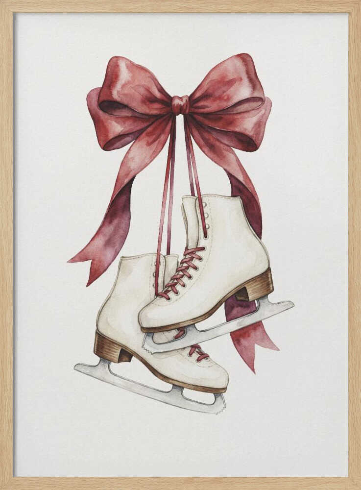 A watercolor painting of a pair of white figure skates with red laces, hanging from a large, elegant red ribbon tied in a bow against a plain white background. Print