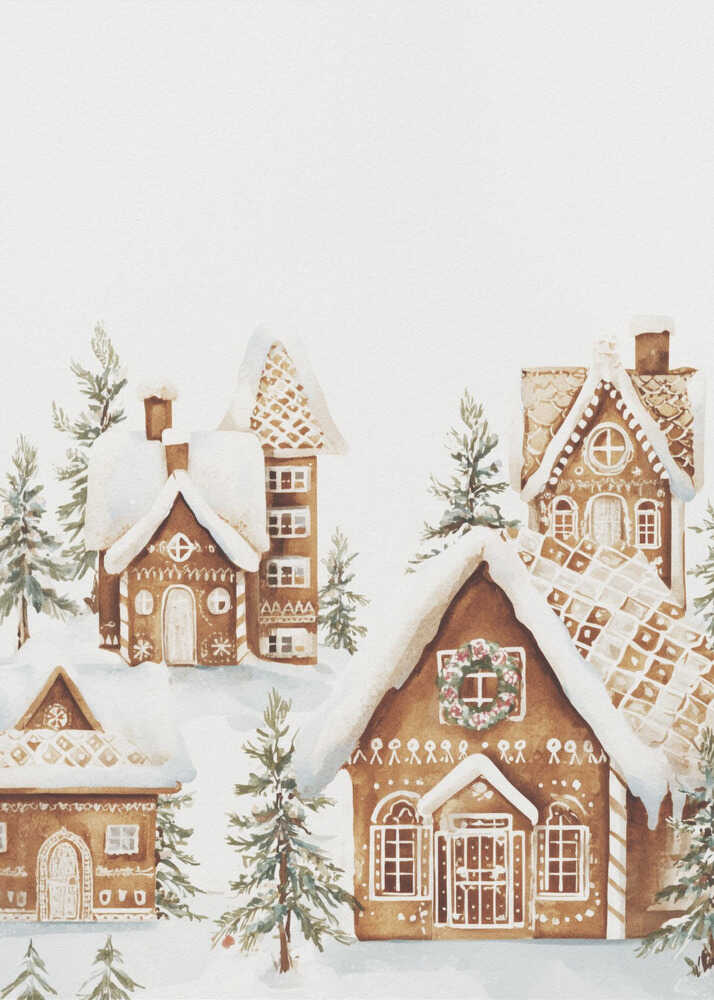 A watercolor painting of a whimsical gingerbread village covered in snow. The detailed houses are decorated with white icing and are surrounded by small pine trees, all set against a clean white background and framed in black. Poster
