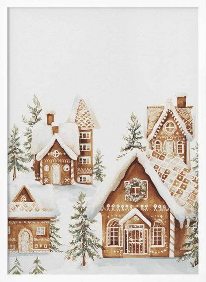 A watercolor painting of a whimsical gingerbread village covered in snow. The detailed houses are decorated with white icing and are surrounded by small pine trees, all set against a clean white background and framed in black. Poster
