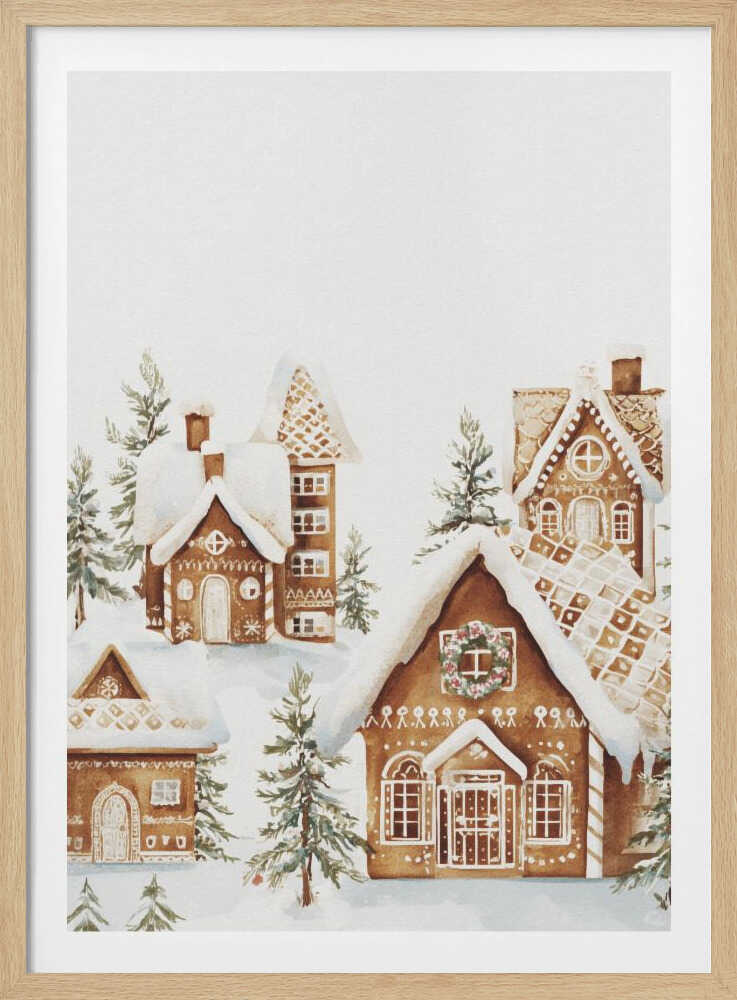 A watercolor painting of a whimsical gingerbread village covered in snow. The detailed houses are decorated with white icing and are surrounded by small pine trees, all set against a clean white background and framed in black. Poster