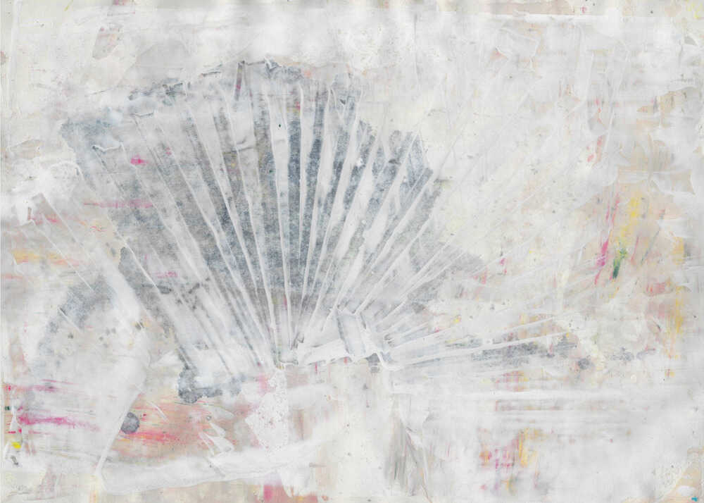 Abstract painting with a textured, fan-like shape in grey tones on a distressed white background with hints of color.